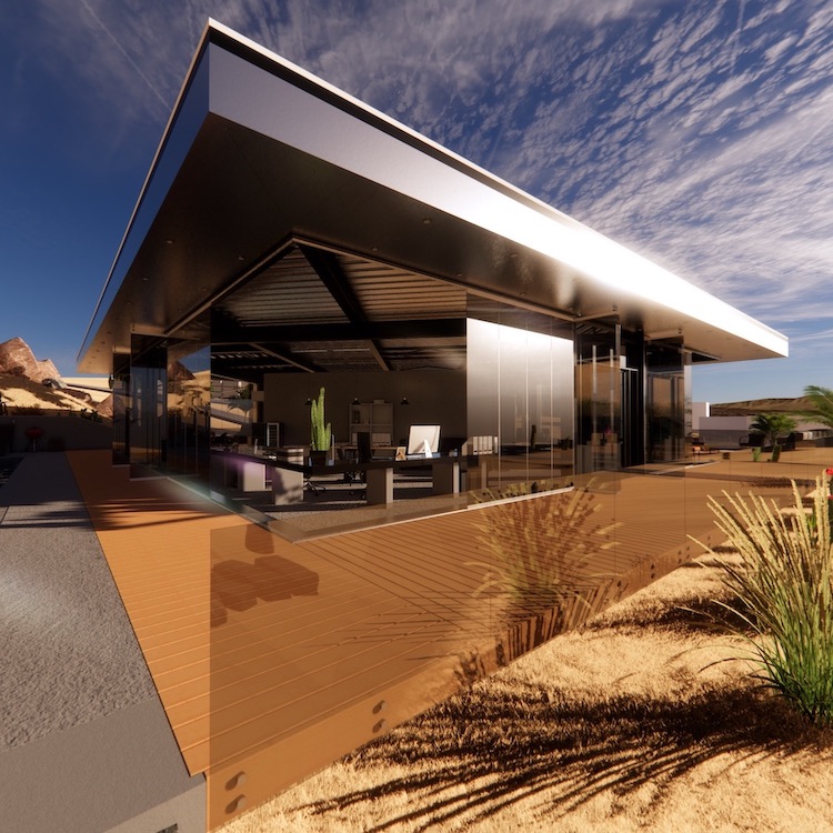 exterior architectural Enscape render, patio and garden