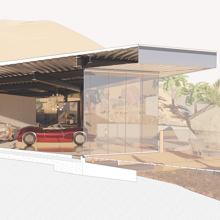 angled architectural perspective cross section drawing