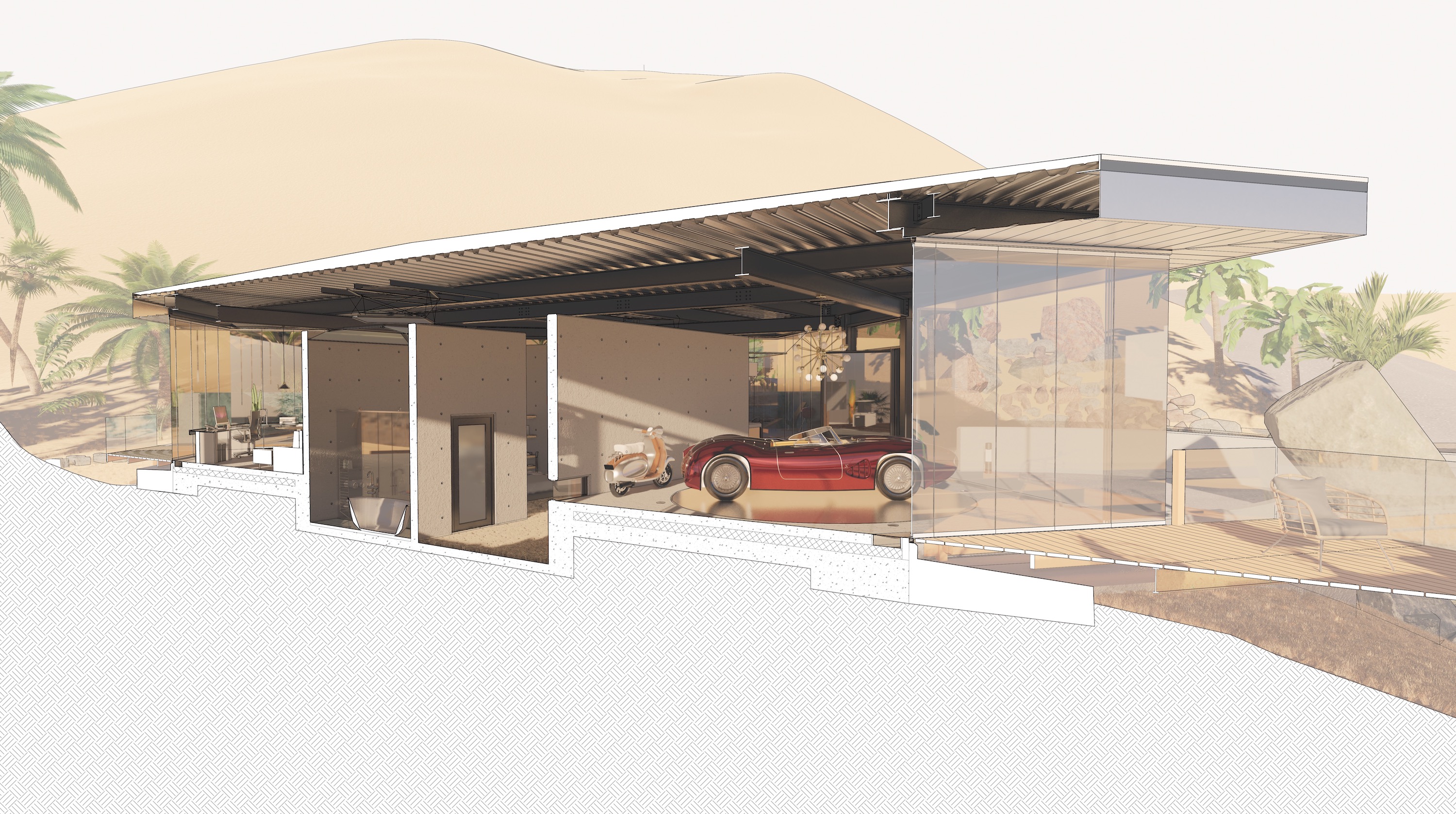 angled architectural perspective cross section drawing