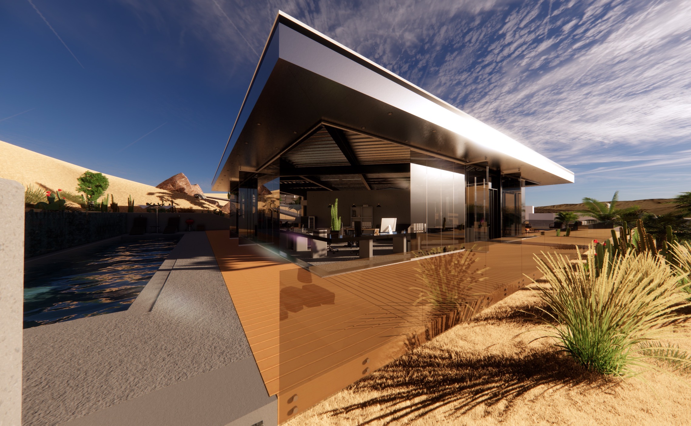 exterior architectural Enscape render, patio and garden