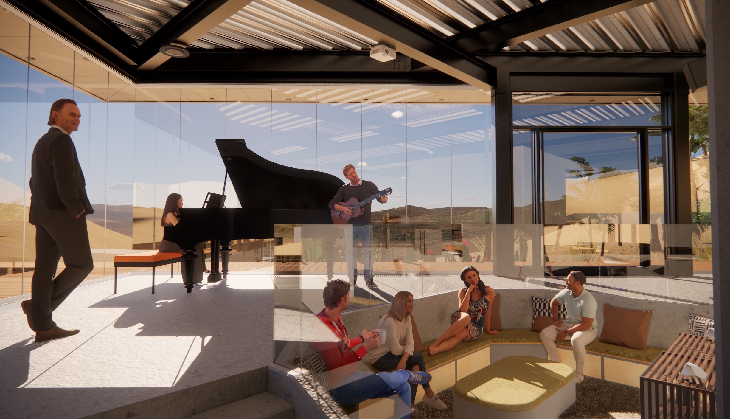 interior architectural Enscape render, conversation pit and den