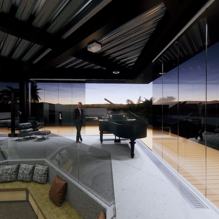 interior architectural Enscape render, living room, dusk