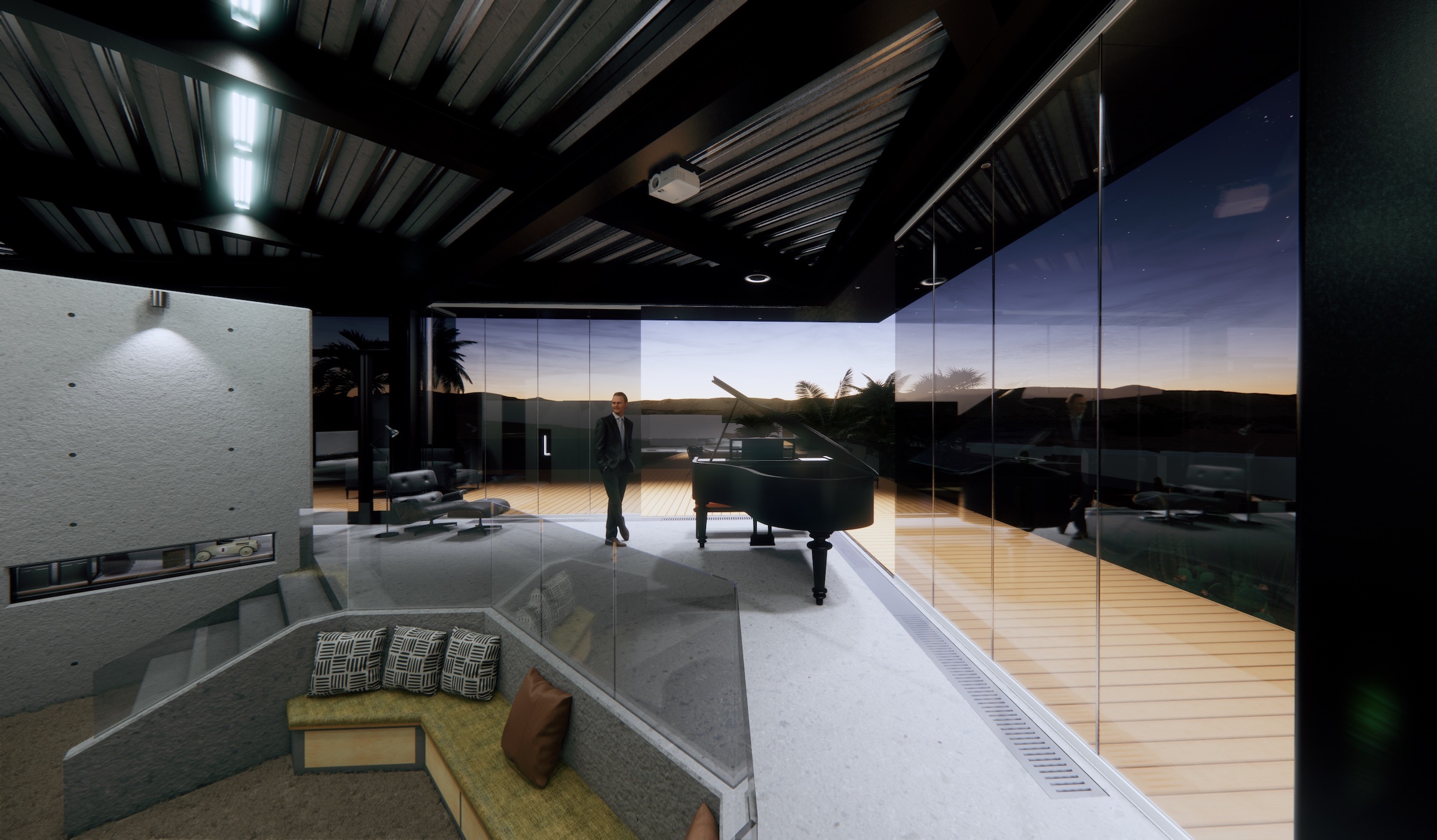 interior architectural Enscape render, living room, dusk