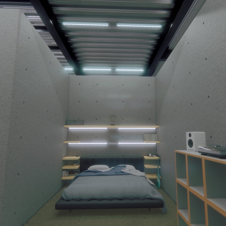 interior architectural Enscape render, bedroom, night