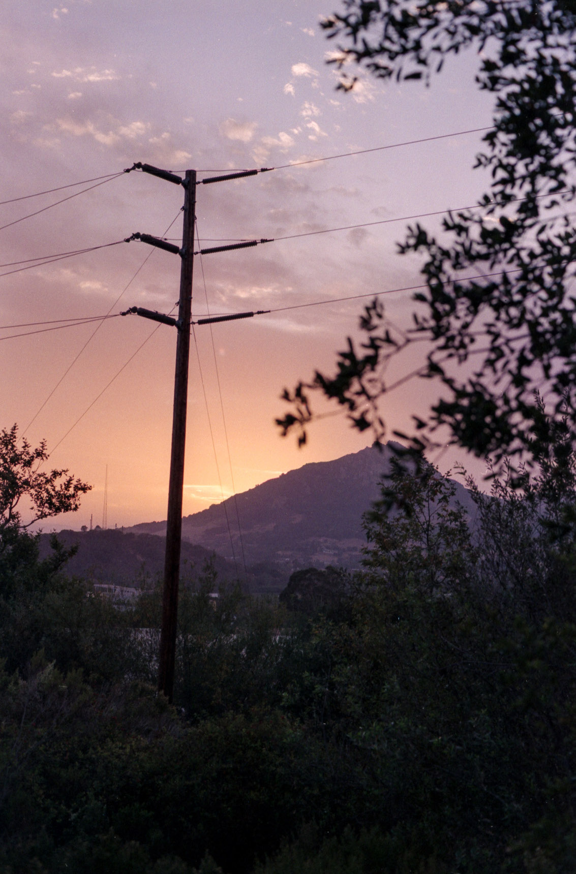 power transmission line in front of bishop peak at sunset, san luis obispo, 35mm film
