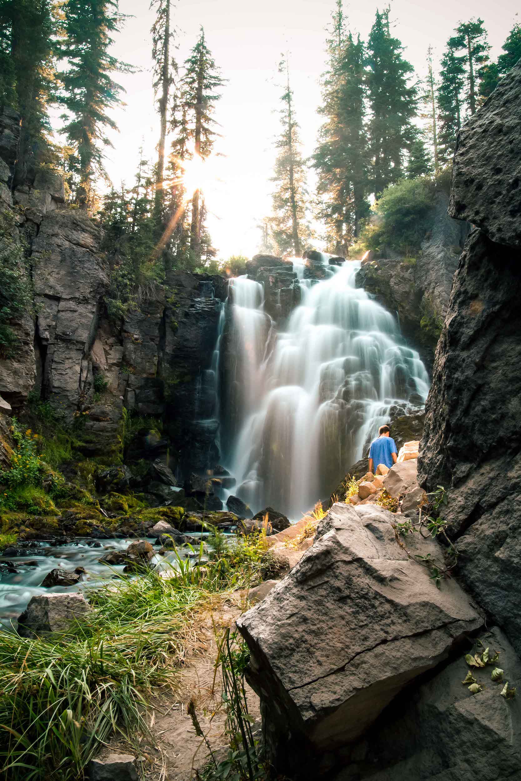 sunset at kings creek falls, mount lassen volcanic national park california