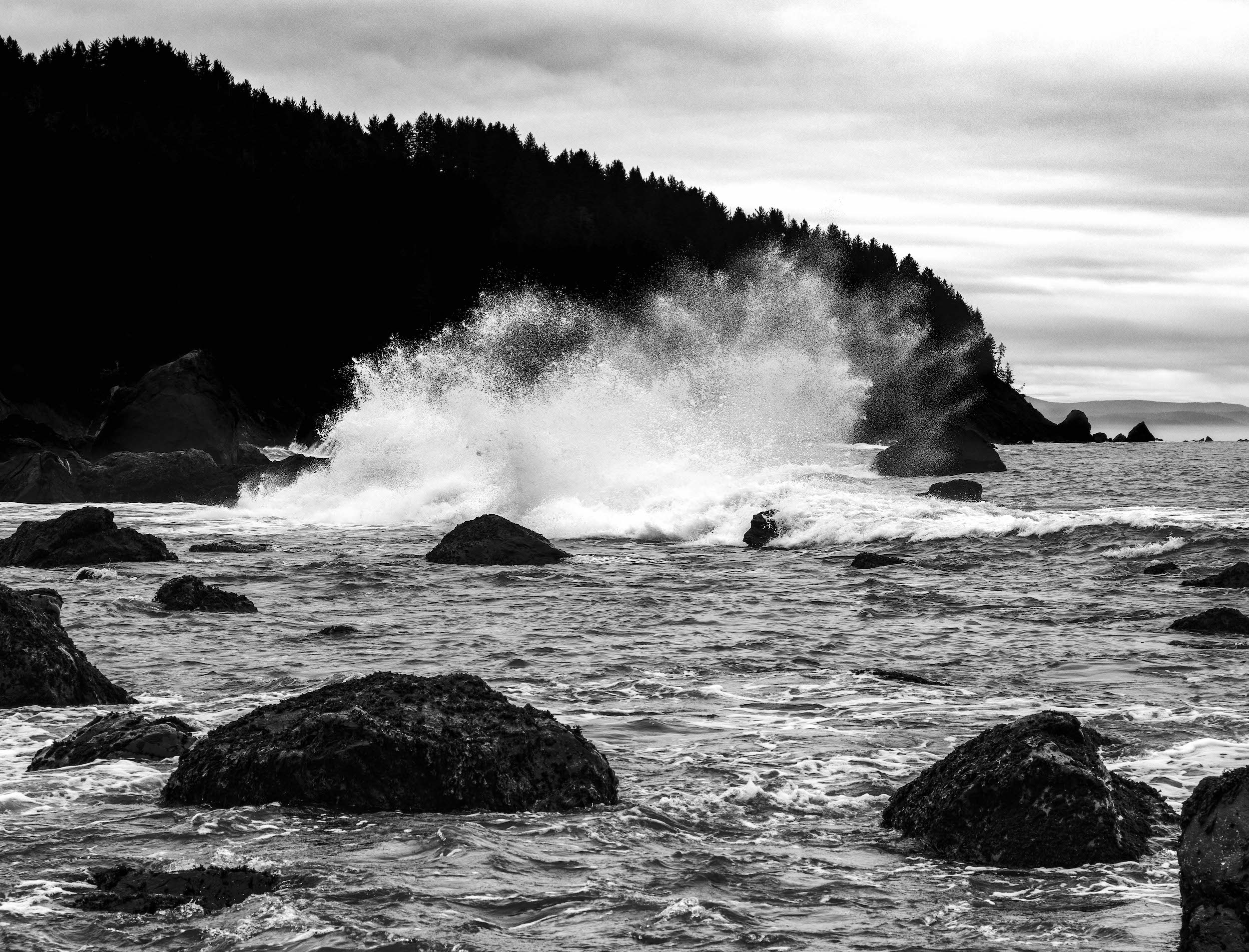 high contrast black and white photo of an ocean wave splashing into mist in front of a dark peninsula with trees