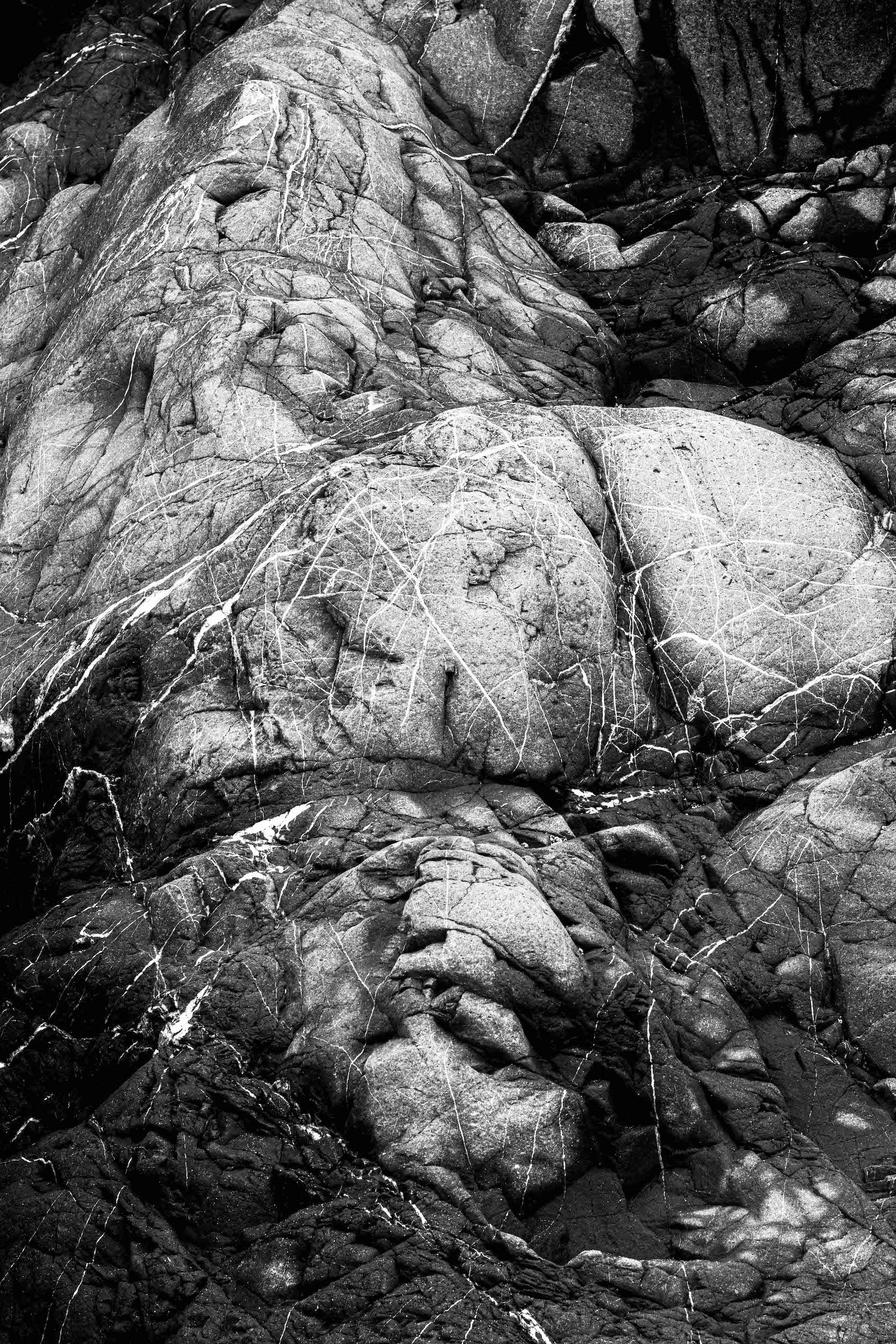 high contrast black and white photo of a bulbous igneous rock formation with veins of white embedded material