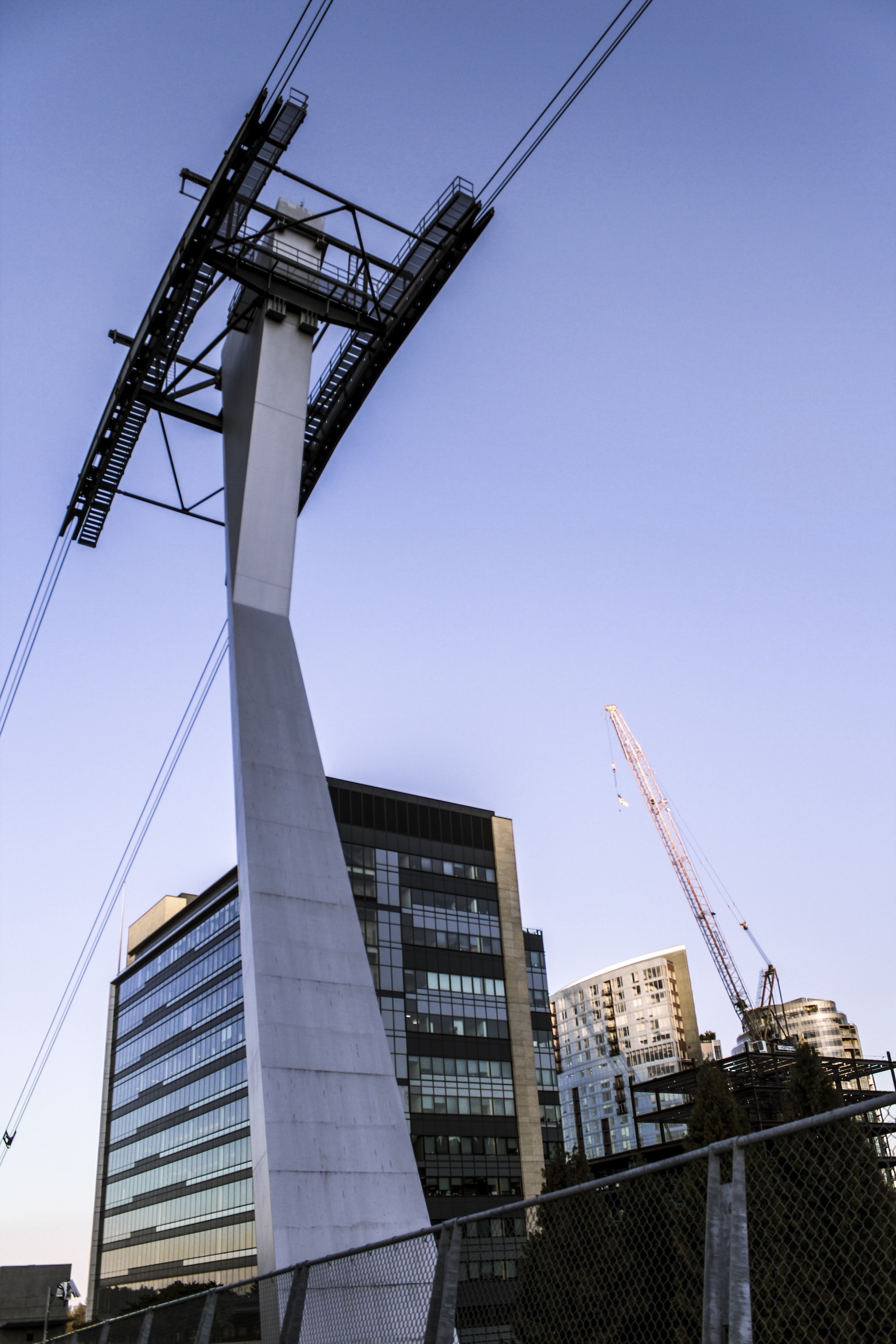 portland oregon aerial tram tower during twilight